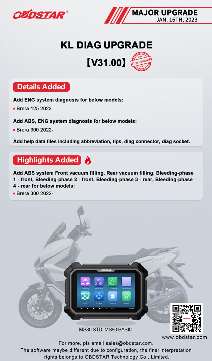 ObdstarTec's tweet photo. #OBDSTAR #Motorcycle #Diag
#FirstReleased
KL DIAG UPGRADE【V31.00】
MUTT MOTORCYCLES DIAG UPGRADE【V31.00】
NOX DIAG UPGRADE【V31.00】
TRMOTOR DIAG UPGRADE【V31.00】
#motorcyclescanner #scannertool #diagtool #motordiag #MS80STD #MotorcycleDiagnosticScanner #MotorcycleScannerTool https://t.co/TuQRDmF1YC