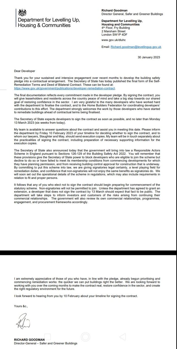 EOCS_Official's tweet photo. ✉️  @luhc letter to developers asking them to sign the contract to remediate the unsafe buildings they developed.

Read the contract here 👉https://t.co/1yy5OHwUZ5 

🗓️ Deadline to sign 👉 13 March 2023

#EndOurCladdingScandal https://t.co/zJ7OqWTpXz