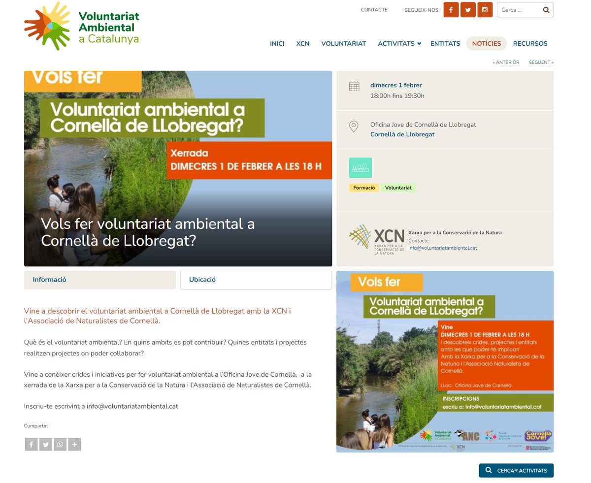 Voluntariat Ambiental (@volambiental) on Twitter photo Dimecres 1 de febrer a les 18 h, descobreix projectes i entitats ambientals amb les que fer voluntariat ambiental a Cornellà de Llobregat amb <a href="/VolAmbiental/">Voluntariat Ambiental</a> i <a href="/natuscornella/">Associació Naturalista Cornellà</a>
voluntariatambiental.cat/activitat/vols… Dimecres 1 de febrer a les 18 h, descobreix projectes i entitats ambientals amb les que fer voluntariat ambiental a Cornellà de Llobregat amb <a href="/VolAmbiental/">Voluntariat Ambiental</a> i <a href="/natuscornella/">Associació Naturalista Cornellà</a>
voluntariatambiental.cat/activitat/vols…
