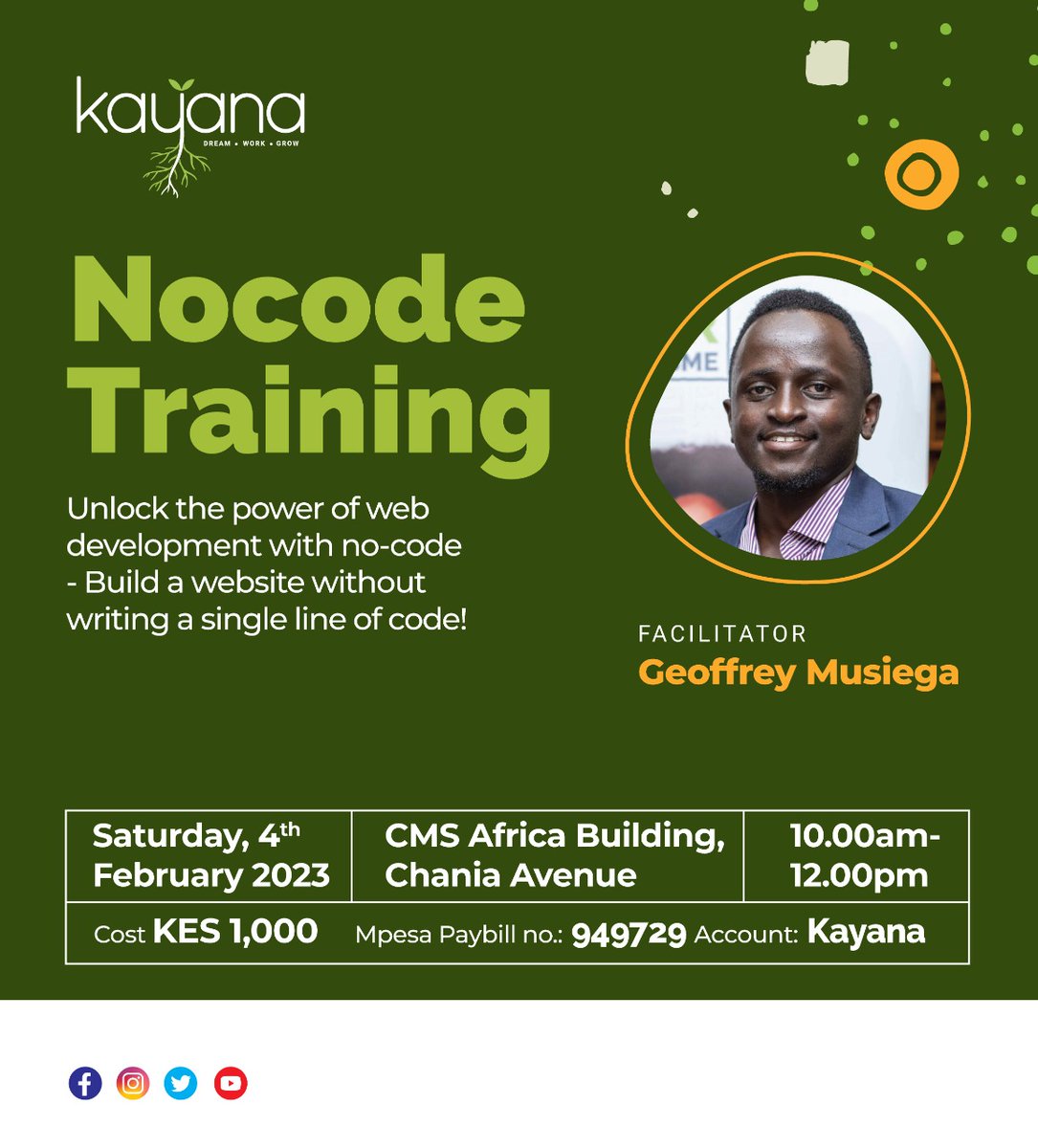 kayana_kenya's tweet image. Join us for comprehensive training on building business websites without writing code. Our expert facilitator will guide you through the process and equip you with the skills to bring your vision to life. 

Register: bit.ly/nocodekayana

#NoCode #CodingFree #DreamWorkGrow