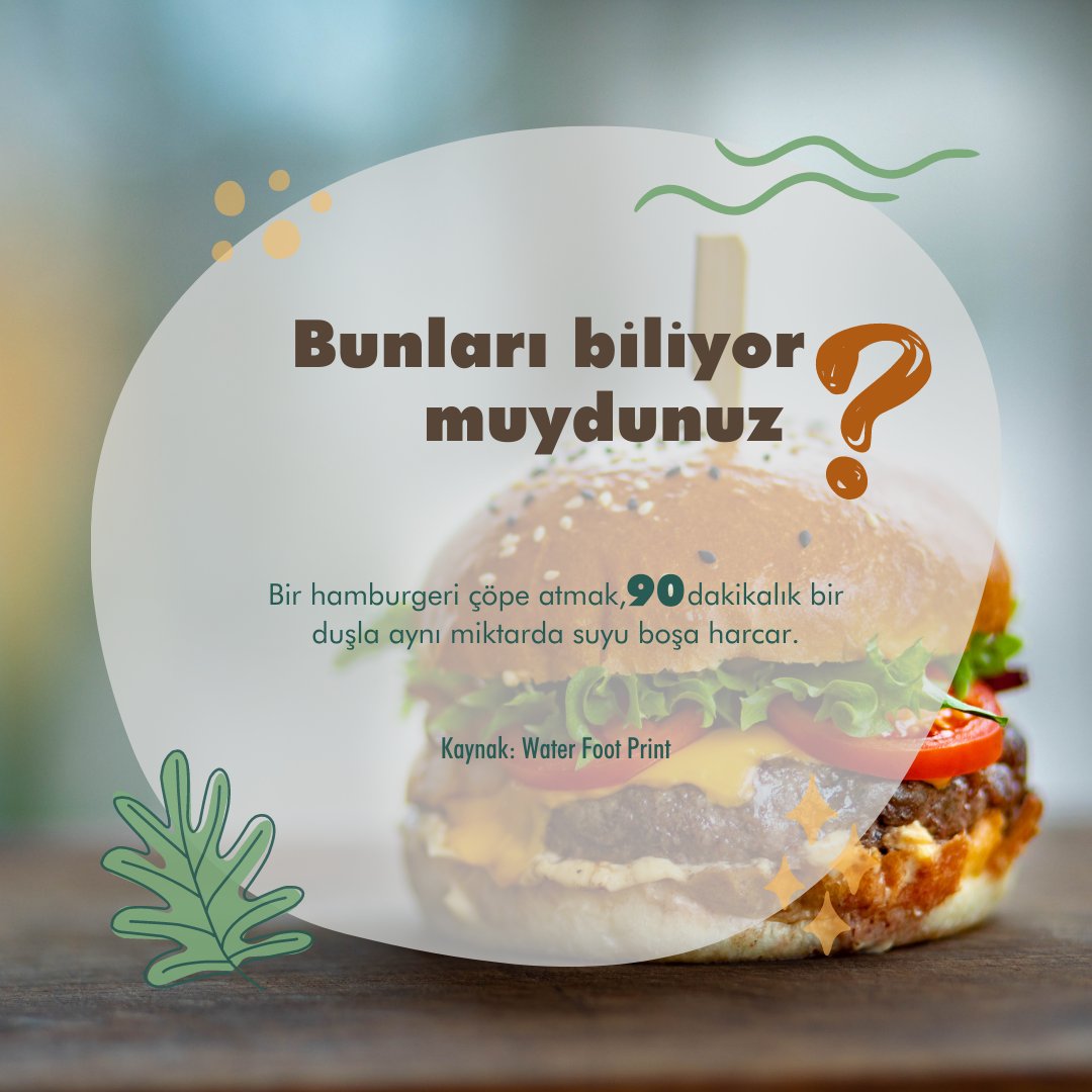 Bunları biliyor muydunuz ❓

🍔Bir hamburgeri çöpe atmak, 90 dakikalık bir duşla aynı miktarda suyu boşa harcar.

Kaynak: Water Foot Print

#Carbonemission #ClimateChange #Waterfootprint #FootPrint #ClimateCrises 
#foodwaste