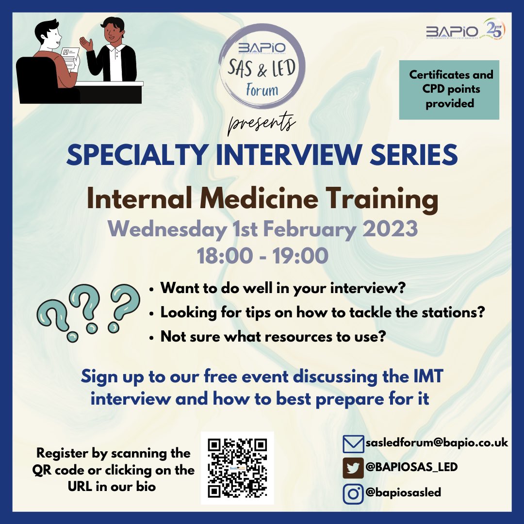 ⏳Looking for some last minute help on your interview technique for your IMT interview? ⌛️
 
Join our session to be taken through the stations of the interview and how best to prepare for it. 

Sign up using the QR code or the following link to join: bookcpd.com/course/IMTinte…