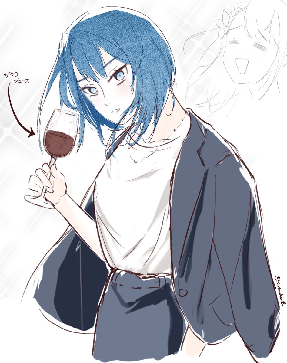 wine glass jacket on shoulders cup blue hair blue eyes 2girls wine  illustration images