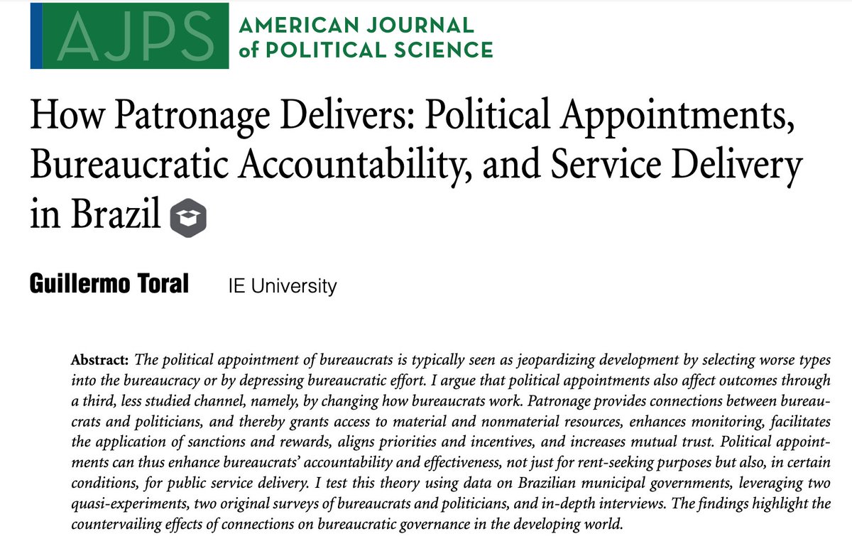 🚨 Just out in <a href="/AJPS_Editor/">AJPS</a>, open access! doi.org/10.1111/ajps.1…
Governments often use political appointments to fill bureaucratic posts. We tend to think this jeopardizes governance by selecting worse types and depressing effort. I argue there's another side to patronage... 🧵
