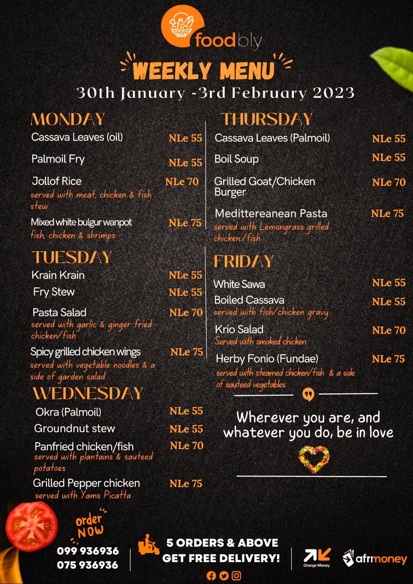 foodbly's tweet photo. This week: Wherever you are, and whatever you do, be in love π₯°.
Call/SMS/whatsApp: 099 936 936 / 075 936 936 to place your orders & to inquire about your food needs.
We are excited to serve you, as always. Have a fab week and may your belly always be full π
#Newweek #Foodbly https://t.co/rMLNwXolIy