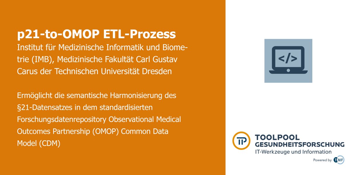 TMF_eV's tweet photo. Neues Produkt im TMF #ToolPool #Gesundheitsforschung: p21-to-OMOP ETL-Prozess. Der ETL-Prozess p21-to-OMOP ermöglicht die semantische Harmonisierung des §21-Datensatzes in dem standardisierten Forschungsdatenrepository OMOP CDM.
➡️https://t.co/iaj4OT1AIX https://t.co/tm7wzmQbYy
