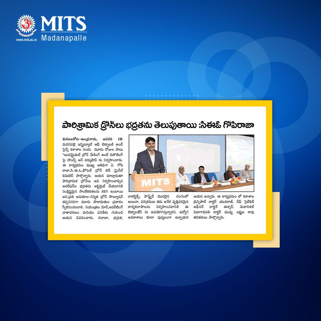 MITS_College's tweet photo. MITS conducted a 3 day workshop on Industrial Drone Making &amp; Piloting on 19th January 2023. 

#mits #engineering #drone #dronemaking #piloting https://t.co/5vSj7vwlcK