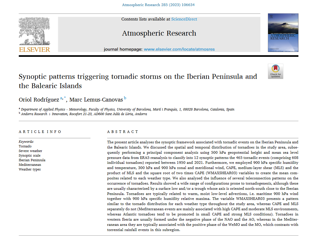 📰 Ens han publicat l'article titulat "Synoptic patterns triggering tornadic storms on the Iberian Peninsula and the Balearic Islands", que hem fet conjuntament amb en <a href="/lemuscanovas/">Marc Lemus i Cánovas</a>, a la revista "Atmospheric Research" 🥳

👇