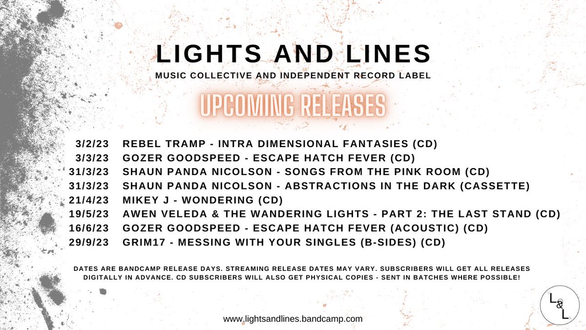 Planned album / EP releases from @LightsAndLines in 2023 so far includes new music from @rebel_tramp @gozer_goodspeed @PandaShaun @mikeyj_music @AwenVeleda and @Grim17music… plus some singles, bonus releases, and adventures along the way! lightsandlines.bandcamp.com