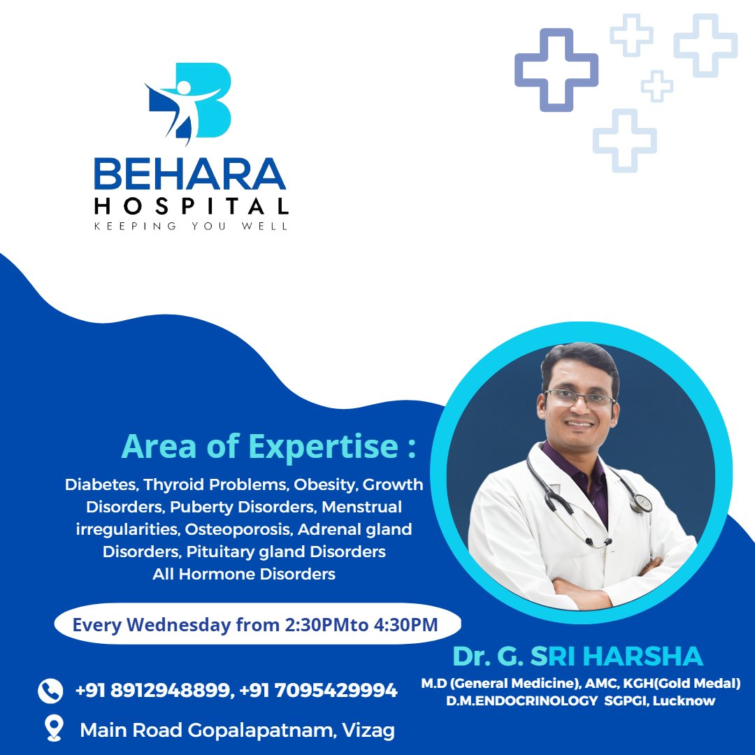 Consult our #bestphysicandoctorinVishakapatnam, Dr. G. SRI HARSHA M.D (General Medicine), AMC, KGH(Gold Medal), D.M.ENDOCRINOLOGY  SGPGI, Lucknow.

#beharahospital #vizagdoctors #vizagbesthospital #multispecialityhospital #multispecialistycare #generalphysician #covidcare