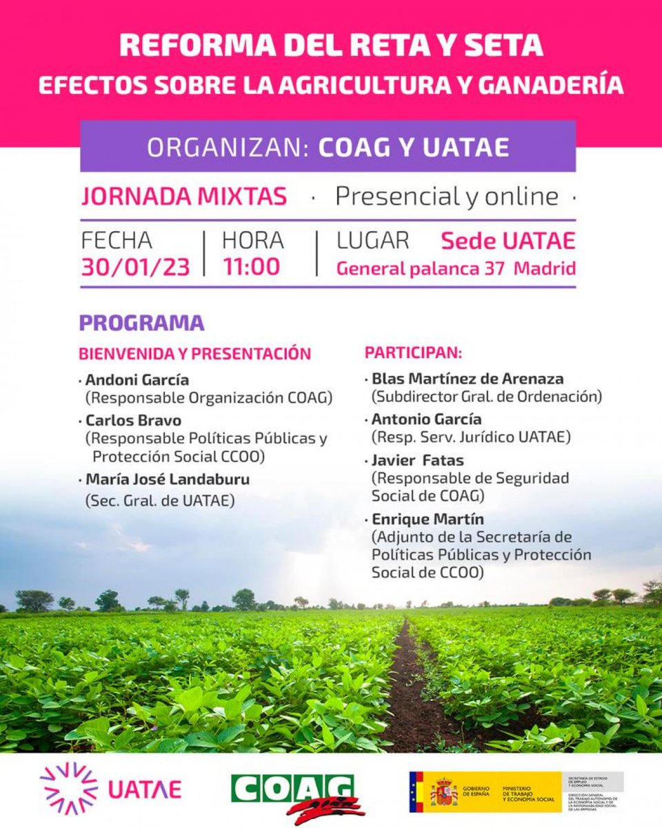 ConfederCom's tweet photo. En un rato, a las 11:00 horas, tenemos la jornada "Reforma del RETA y SETA. Efectos sobre la agricultura y la ganadería". Organizado por @La_COAG y @uatae_es
@UATAEPGalvan @MJLandaburu #uniondeautonomos #cotizacionporingresosrealesnetos #reformaRETA #cotizacionautonomos https://t.co/bG7PVrrYga