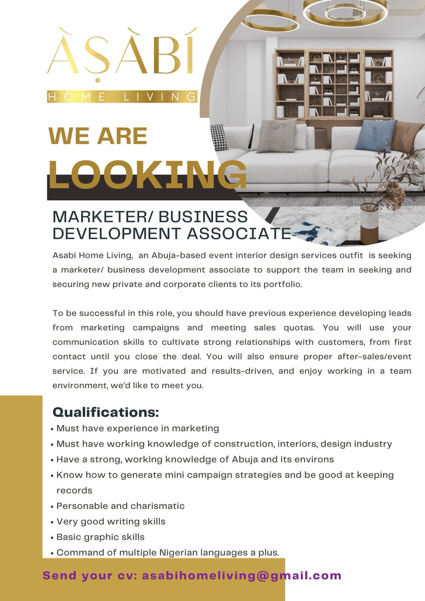 AsabiHomeLiving's tweet photo. #WeAreLooking #MarketingOpportunity #interiordesign #AbujaTwitterCommunity @AbujaCommunity @ABUJAPLUG @theKapitalPlug @abujawomeninbiz #AbujaCommunity #AbujaBusiness #WomanOwnedBusiness https://t.co/QIKGT0nOJK