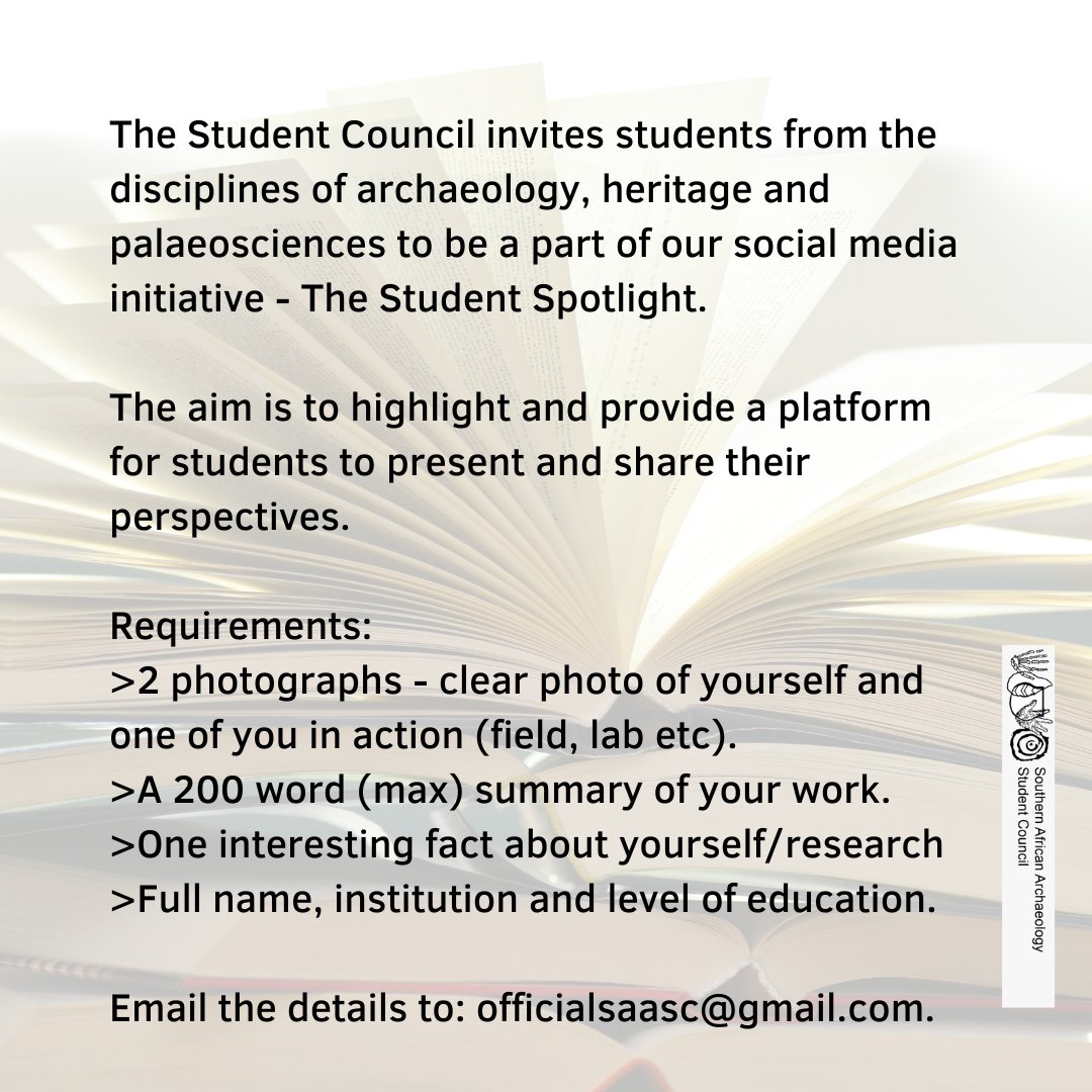 saasst_society's tweet photo. The Student Spotlight submissions are now OPEN!
Further details in the posters. We are waiting for your submissions! Send it to officialsaasc@gmail.com right away!
#archaeology #heritagestudies #palaeoscience #newperspectives #research #asapa #researchanddevelopment #saasc https://t.co/zmmheRsv3E