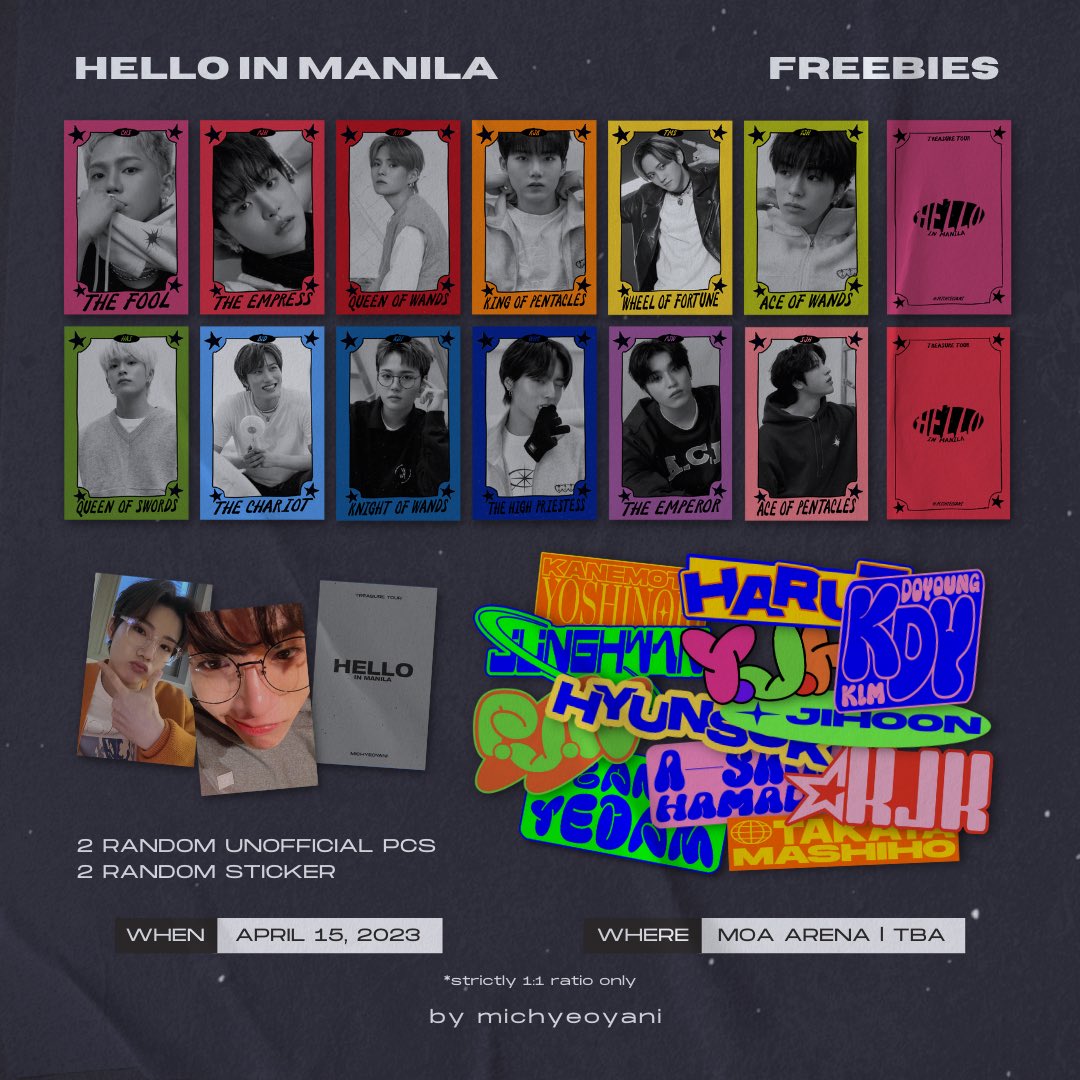 ahyanii_'s tweet photo. ♡‧₊˚  HELLO IN MANILA FREEBIES ｡˚ ❀

teuha! i will be giving away some freebies on concert day ◡̈ 

𓄲  april 15, 2023
𓄲  location &amp; time: tba
𓄲 limited quantity only

see you soon, teumes! ♡
#TREASURE_HELLO_IN_MANILA #TREASURE #TREASUREinManila @treasuremembers https://t.co/SHiVBKxGAO