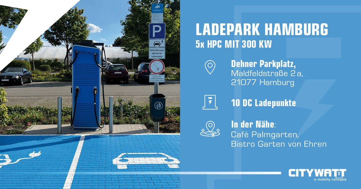 citywatt's tweet photo. Unser neuer #Ladepark in #Hamburg ist eröffnet!

📍21077 Hamburg, Maldfeldstraße 2a (Parkplatz #Dehner Gartencenter)
⚡ 5x 300 kW CCS
⚡ 5x 300 kW HPC
🚗 10 DC Ladepunkte

#ladestation #laden #charging #chargingstation #citywatt #fastcharging #emobility https://t.co/xqVdfLtDsL
