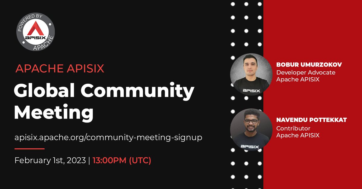 nasasira_daniel's tweet image. Join the Apache #APISIX Global Community Meeting this Wednesday 1st February and network with fellow #contributors and members. 
Gain insight, share experiences, and contribute to shaping the future of the project. 

Register here to receive a meeting link
apisix.apache.org/community-meet…