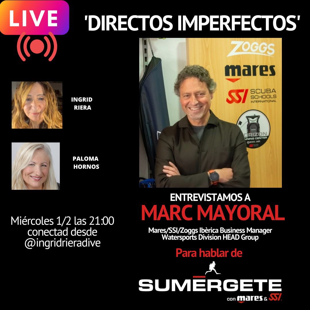 Buceadores_'s tweet image. Este miércoles en nuestros ‘Directos Imperfectos’ de Instagram @ingridrieradive entrevistaremos a un PRO: Marc Mayoral.
Todos queremos  que nos cuente qué es SUMÉRGETE.
Y qué podremos vivir y experimentar esos días 10, 11 y 12 de marzo en ese lugar mítico como es X-Madrid.