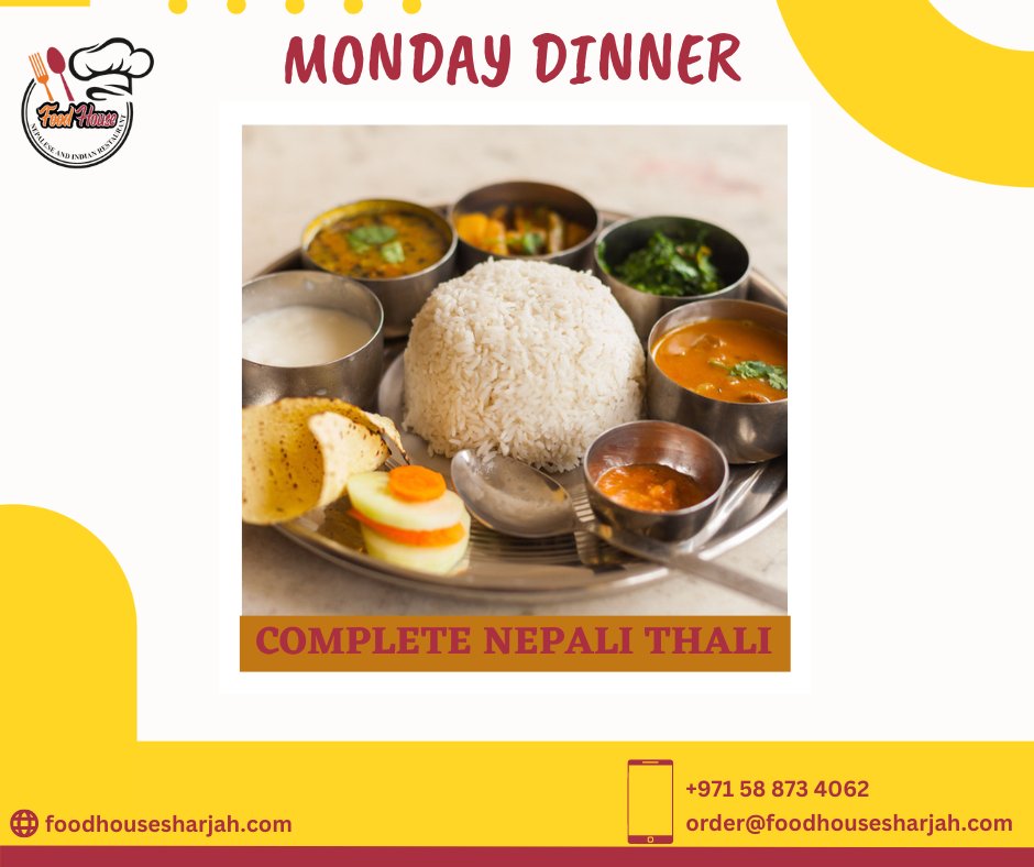 Get ready for a #tasteofNepal tonight! Visit us @foodhousesharja Restaurant in #Sharjah for a delicious #Mondaydinner featuring the famous #NepaliThali🍛. Call☎️us to #BookyourORDER today!

#NepaliCuisine #MondayMotivation #SharjahEats #spicyfood #foodhousesharjah #LikeForLikes