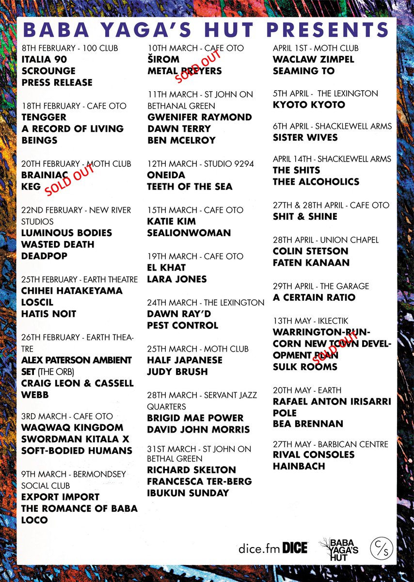 New shows are being added all the time but here is most of what we have coming up! Kicking things off with <a href="/Italia90band/">Italia 90</a> at the <a href="/100clubLondon/">The 100 Club</a> &amp; <a href="/tenggerland/">TENGGER</a> at <a href="/Cafeoto/">Cafe OTO</a>. 
Tickets: dice.fm/promoters/baba…