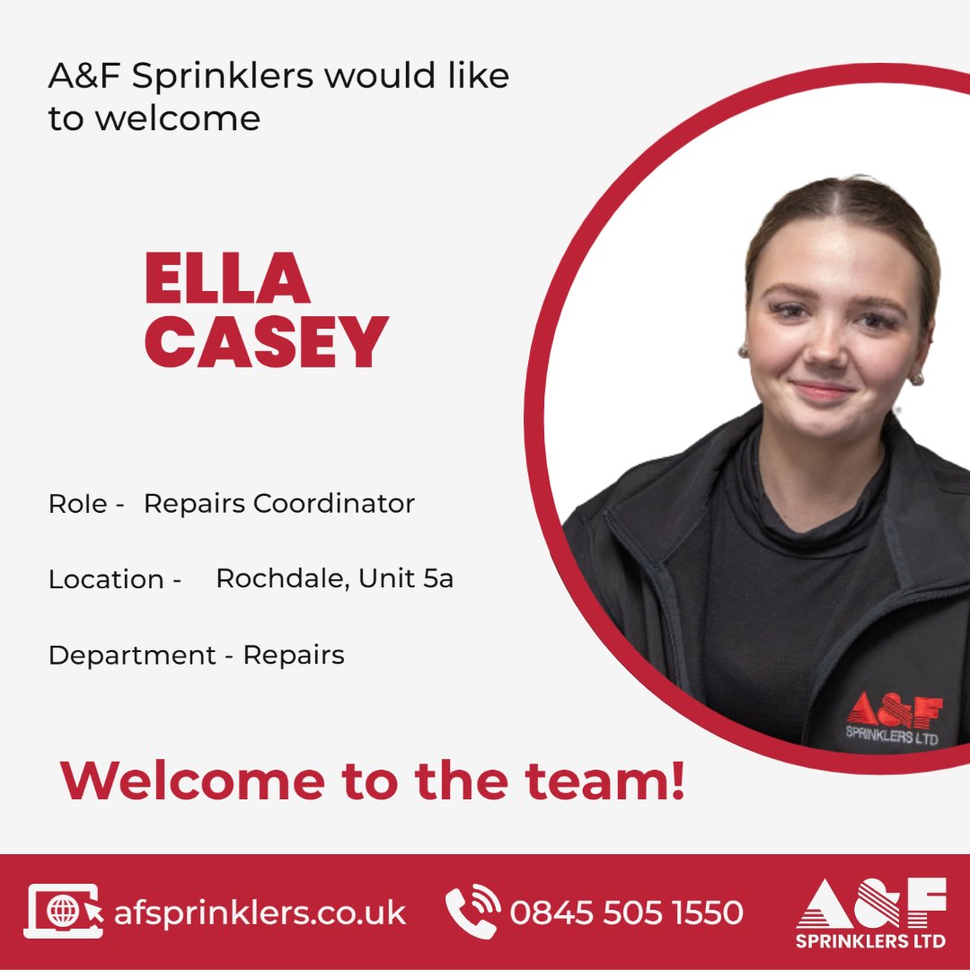 afsprinklers's tweet photo. We're delighted to welcome Ella into our team!
She has joined our Repairs Dept. as a Repairs Coordinator & will be located in our Service & Repairs office in Rochdale.
#welcomeaboard #newjob #newcareer #newstarter #sprinklers #firesprinklers #fireprotection #serviceandrepairs https://t.co/z3HP4bqnet
