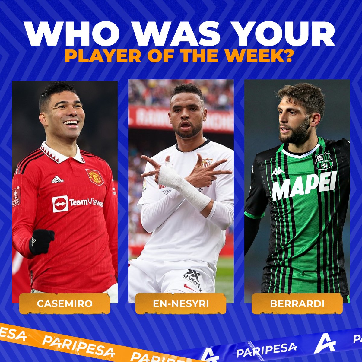 paripesa_zambia's tweet photo. 🌟Traditionally, we choose the best player of the past week.

Carlos Casemiro⚽⚽
Youssef En-Nesyri ⚽⚽
Domenico Berardi ⚽🅰️🅰️🅰️

👇We are waiting for your votes!

#playerofweek #bestplayer https://t.co/ssdoPTS71U