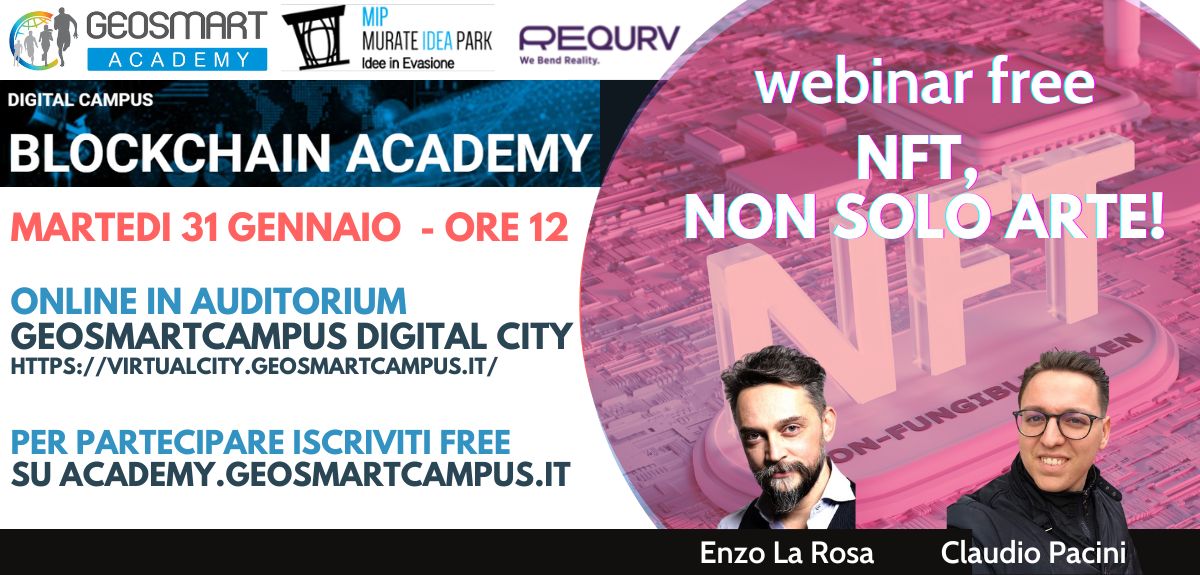 GuidoFabbri3's tweet photo. Vi aspettiamo domani con il nuovo webinar della #blockchain Academy del @geosmartcampus 
#innovazione #SmartCities #NFT https://t.co/jN1np5wlR7