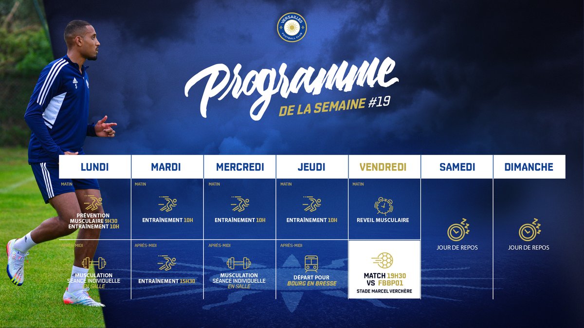 📆Cette semaine nos Versaillais se déplaceront à Bourg en Bresse à l'occasion de la 19ème journée de championnat @NationalFFF.

Découvrez le #programme de la semaine ⤵️

#football #versailles #fcv78 #lundi #foot