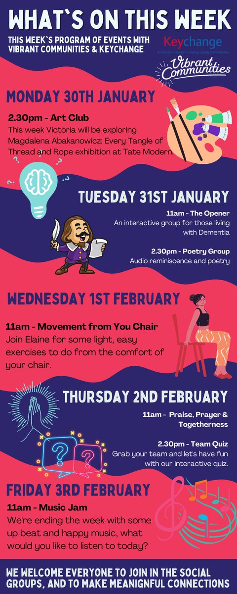 Keychange Charity (@keychange_) on Twitter photo Here's What's happening this week with Keychange and <a href="/ViCommunities/">Vibrant Communities</a>
Another fun filled week with many activities for everyone to get involved with!
We wish everyone a safe, happy and healthy week ahead! Here's What's happening this week with Keychange and <a href="/ViCommunities/">Vibrant Communities</a>
Another fun filled week with many activities for everyone to get involved with!
We wish everyone a safe, happy and healthy week ahead!