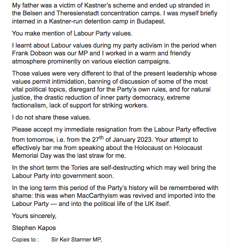 Threatened with expulsion, this was Holocaust survivor Stephen Kapos’s reply to the Labour Party, 26th January (via azvsas.blogspot.com/2023/01/starme…)