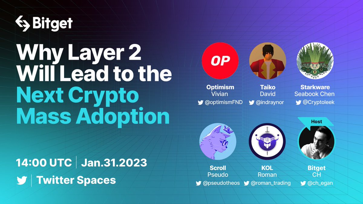bitget's tweet photo. 🔥 Let's talk about #Layer2!

🎙️ Join us for a Twitter Space to discuss why #Layer2 will lead to the next #crypto mass adoption.

🙌 Guests:  
@optimismFND
@indraynor
@cryptoleek
@pseudotheos
@Roman_Trading

⏰ 2PM, Jan 31, 2023 (UTC) 

👉 Set a reminder: https://t.co/l09tDyyxMi https://t.co/6Km2XLWzDg