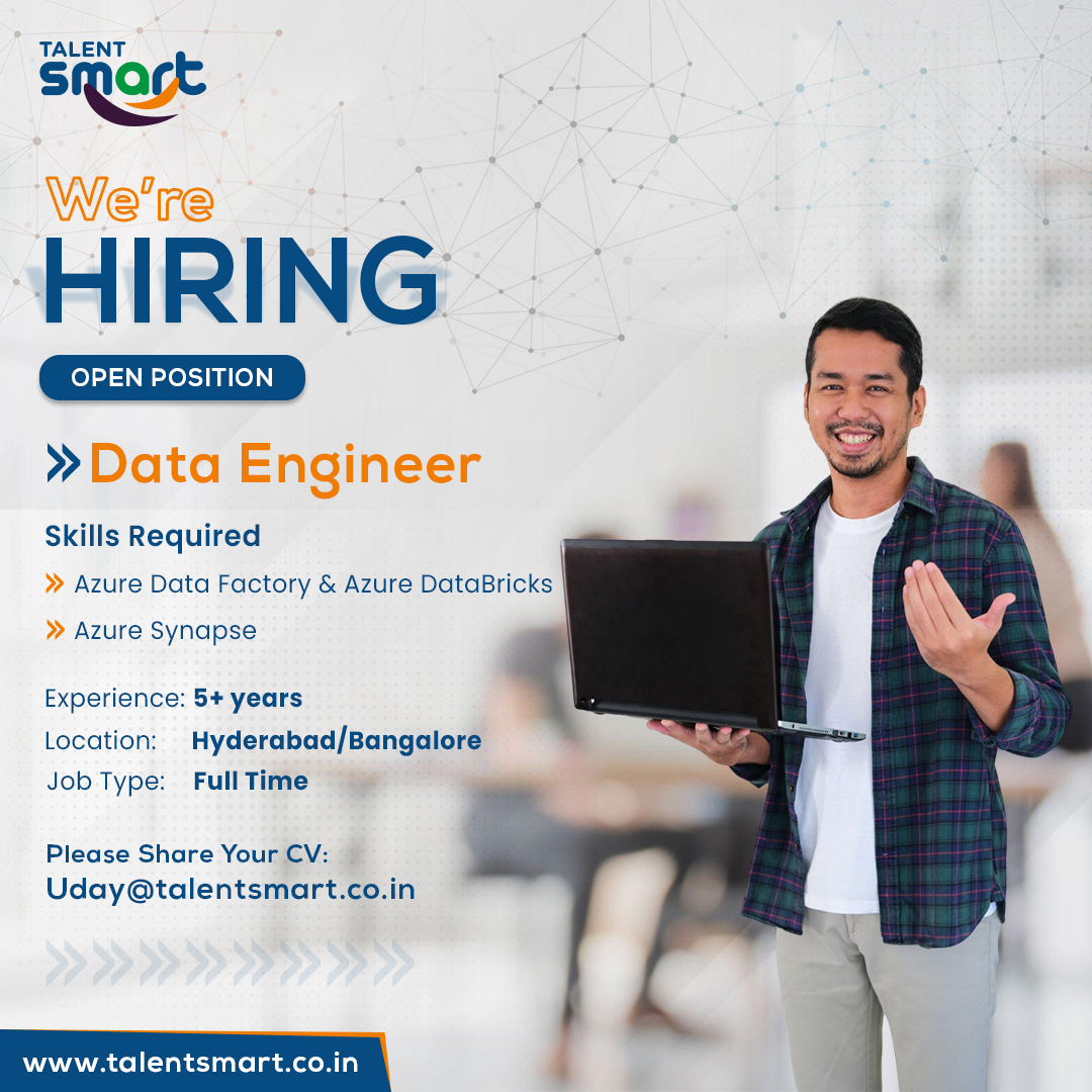 talentsmartco's tweet image. We're Hiring #DataEngineer | @talentsmartco
Skills:
•Good exp in Azure Data Factory & Azure DataBricks
•Good Exp in Azure Synapse
Share CV> uday@talentsmart.co.in
#awsdevops #awsdataengineer #dataengineerjobs #awscertified #awsengineer #urgenthiring #data #azure #dataanalyst