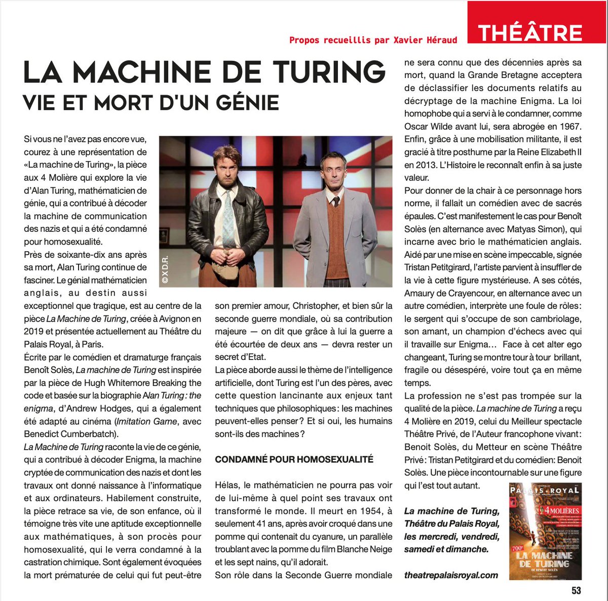 MagStrobo's tweet photo. La pièce de théâtre aux 4 Molière, "La machine de Turing"  est actuellement sur la scène du théâtre du Palais Royal . @xavierheraud vous en dit plus dans STROBO MAG sur l'histoire de cet homosexuel de génie. 
#theatre #lamachinedeturing #lgbt #culture #bonsplans #homosexualite https://t.co/y7A9ioXPK8