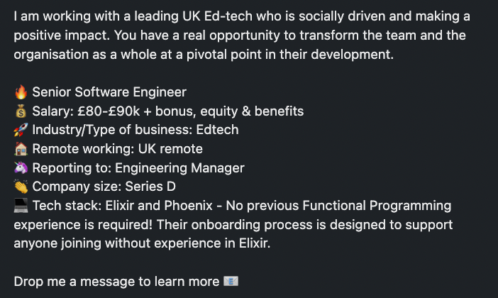 Good morning to my network 👋 I am looking to speak with developers looking to work with #Elixir. Drop me a message to learn more 🙏

#jobs #functionalprogramming #softwareengineer #senior