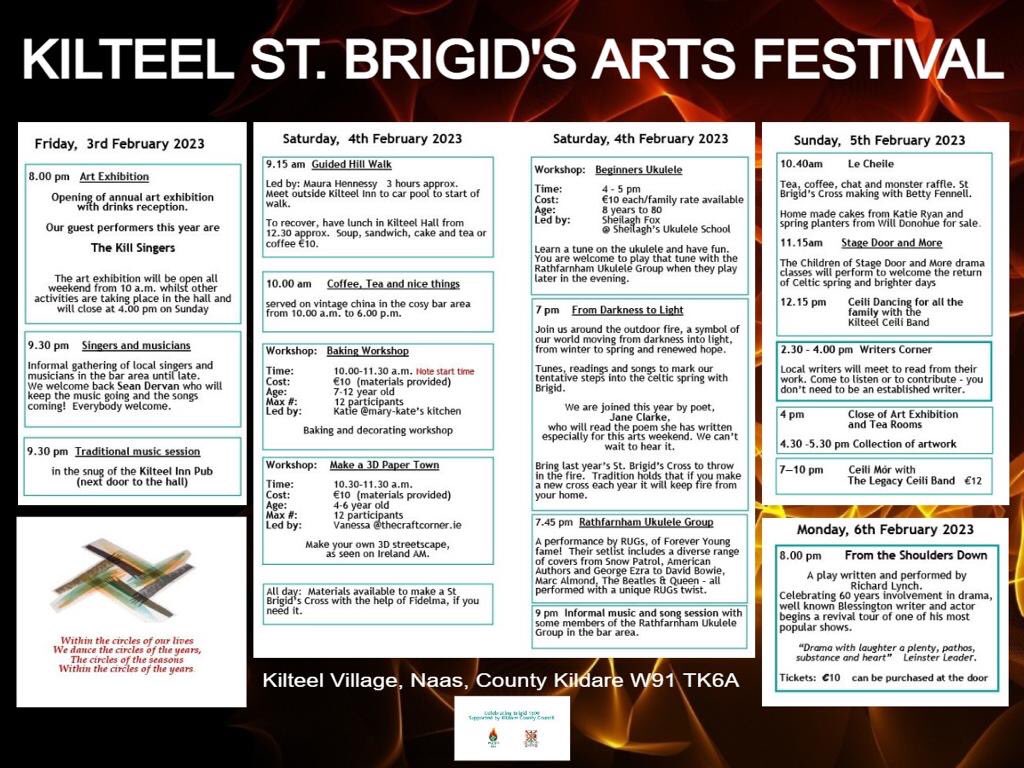 Great weekend of activities ahead  for St Brigids Arts Weekend . Bígí linn