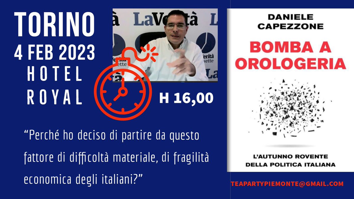 Sabato 4 Febbraio alle 16 <a href="/Capezzone/">Daniele Capezzone</a> sarà a #Torino a presentare il suo ultimo libro “Bomba ad orologeria” presso l’Hotel Royal, in Corso Regina Margherita n.249
teapartypiemonte@gmail.com
<a href="/nazione_futura/">Nazione Futura Rivista</a>