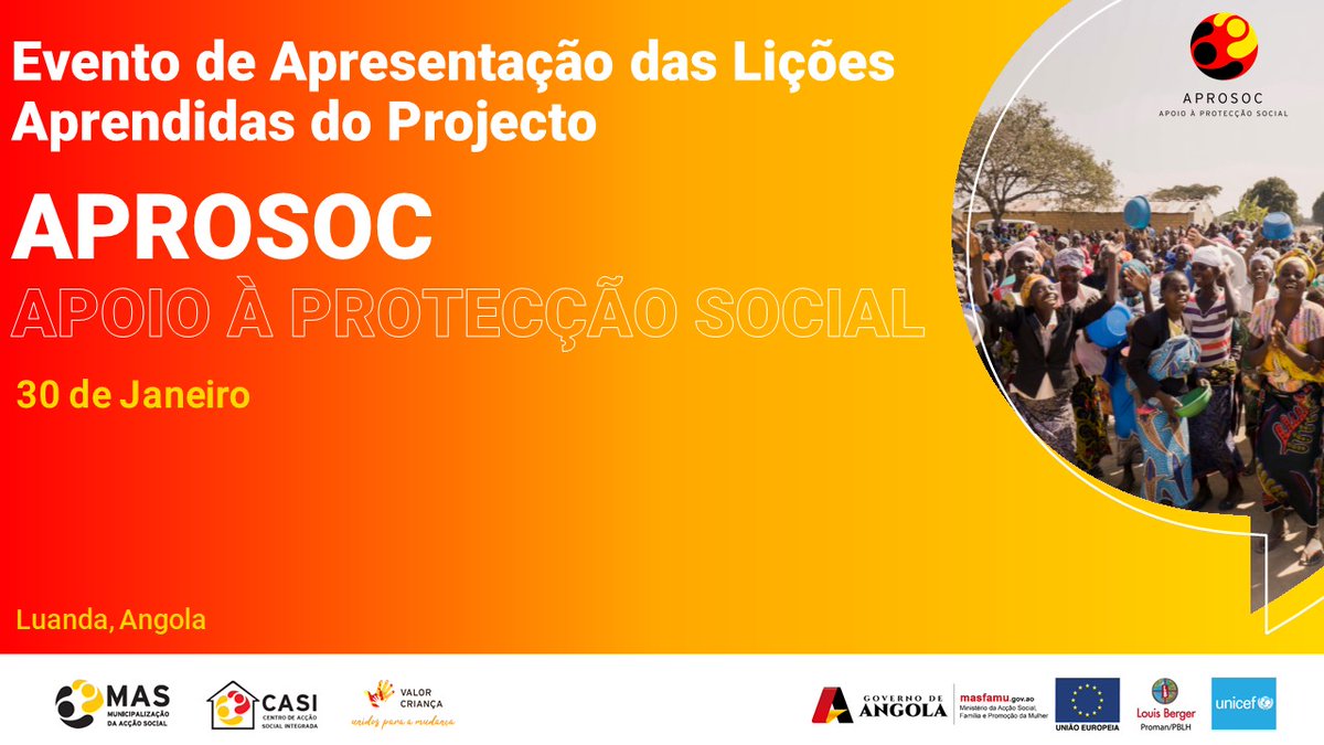 APRESENTAÇÃO DAS LIÇÕES APRENDIDAS DO PROJECTO APROSOC

 Acompanhe ao vivo: 

Facebook MASFAMU: uni.cf/3wCDrXW
 
YouTube UNICEF: uni.cf/3RfkJPA