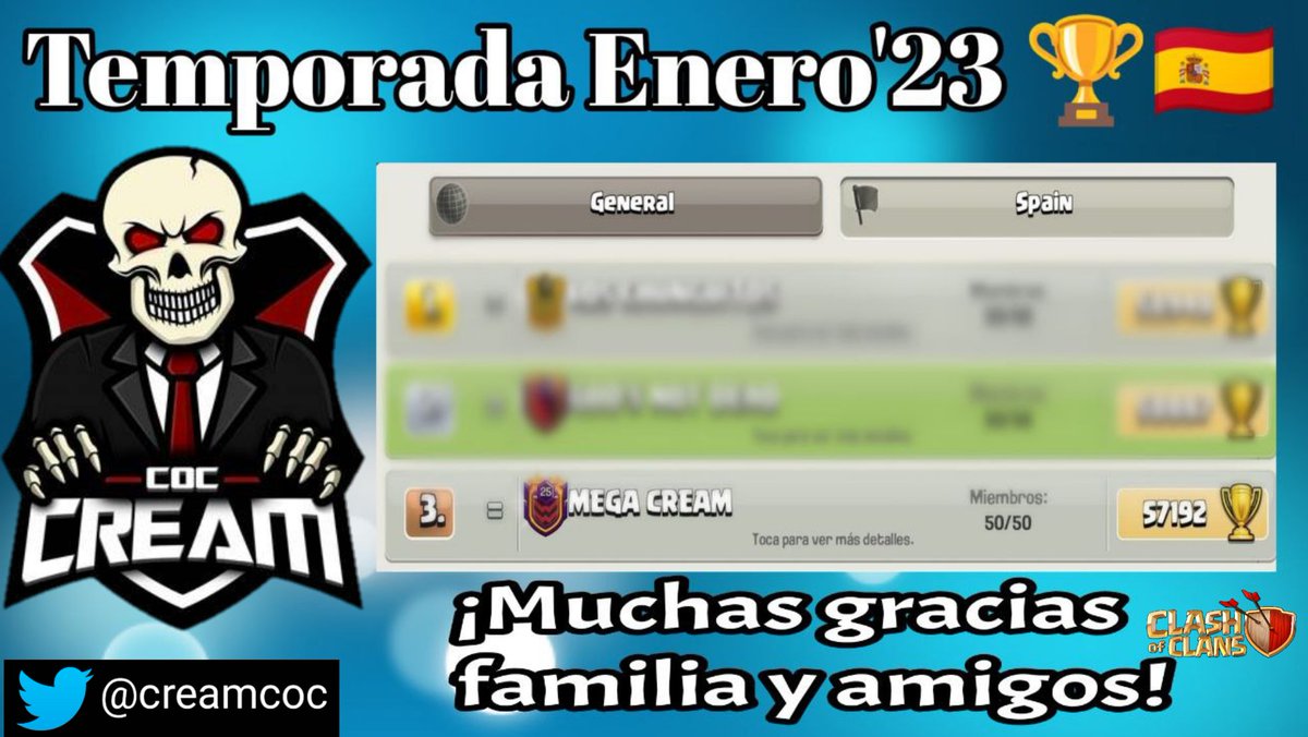 Nuevo año 2023 y nueva temporada que finaliza. Contentos de este tercer puesto para una temporada tan dura como ha sido la de este mes de enero. 🗓️

Gracias a la familia y a los amigos por cerrar juntos una vez más luchando juntos dentro del TOP España 🏆🇪🇦😍

#HMS
#ClashOfClans