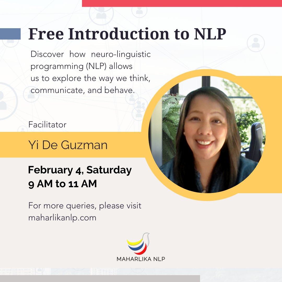 MaharlikaNlp's tweet image. We welcome everyone for a free introduction to NLP session on February 4, Saturday at 9:00 AM to 11:00 AM! 

Register at maharlikanlp.com/nlpintro, and we hope to see you there! 

#free #session #IntroToNLP
#nlp #NLP #changework #transformation #personalgrowth #experience #life