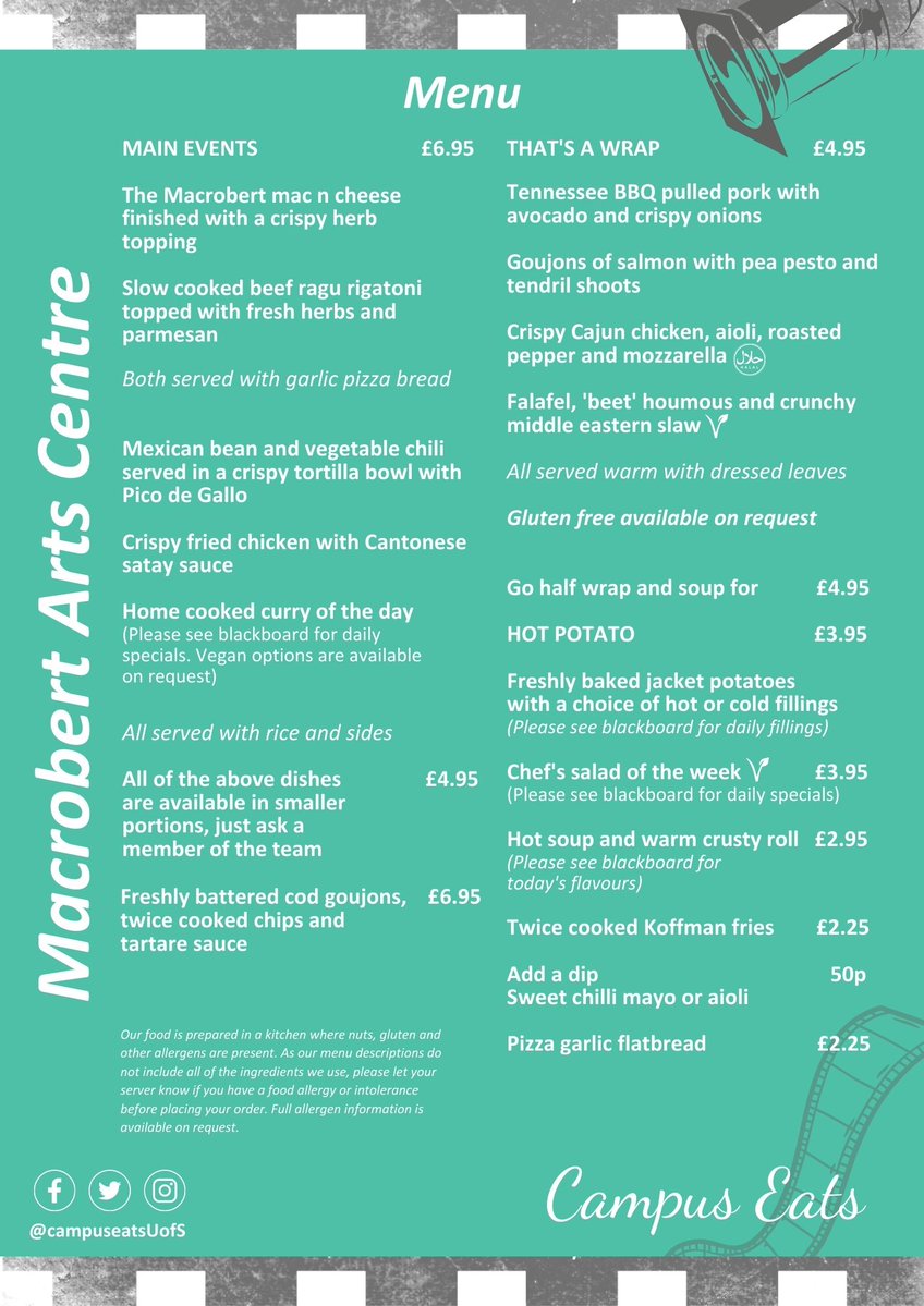 The Macrobert Arts Centre Cafe will reopen today after undergoing refurbishments. 🍿☕️
Have a look at the updated menu, available now!