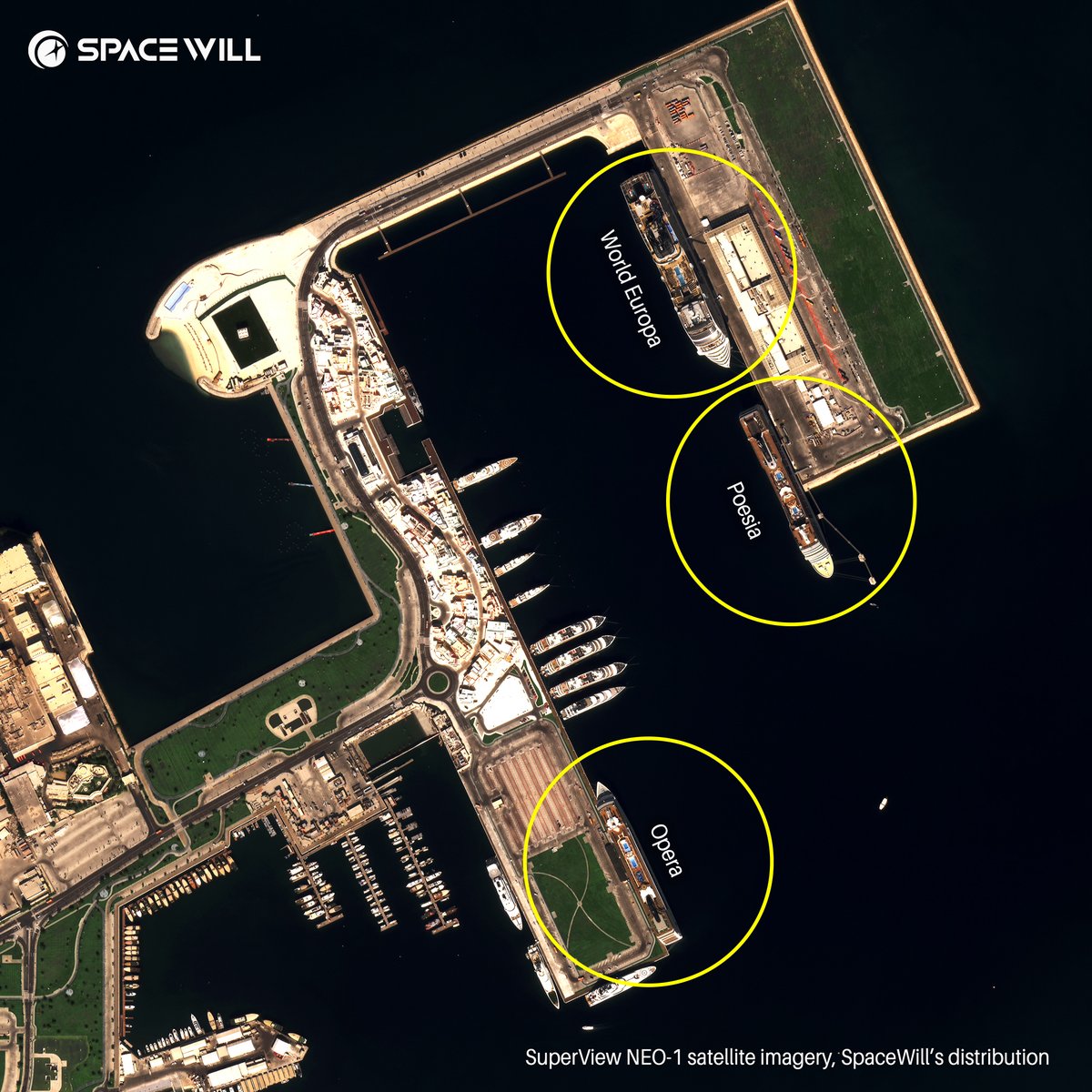 spacewillinfo's tweet photo. SpaceWill's #2022Lookback on 12 Global Events:
12. #FIFAWorldCup 2022
Below is the image of the 3 “floating hotels” -#MSCWorldEuropa, #MSCPoesia and #MSCOpera berthing at #DohaPort to accommodate 10,000+ travelling fans.
#SVNEOsatellites #EO #RS https://t.co/tGcTYaxYGs