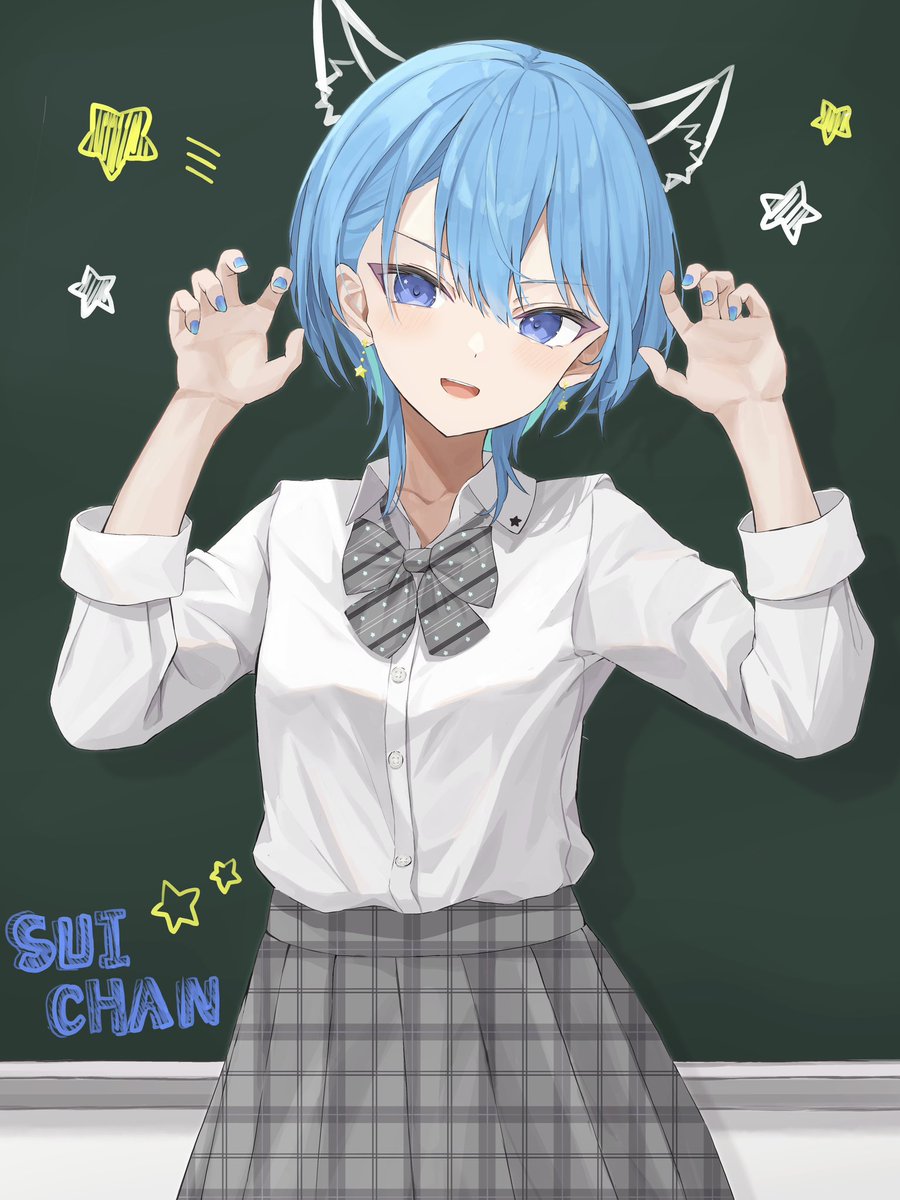 hoshimachi suisei 1girl solo blue hair skirt animal ears claw pose star (symbol)  illustration images