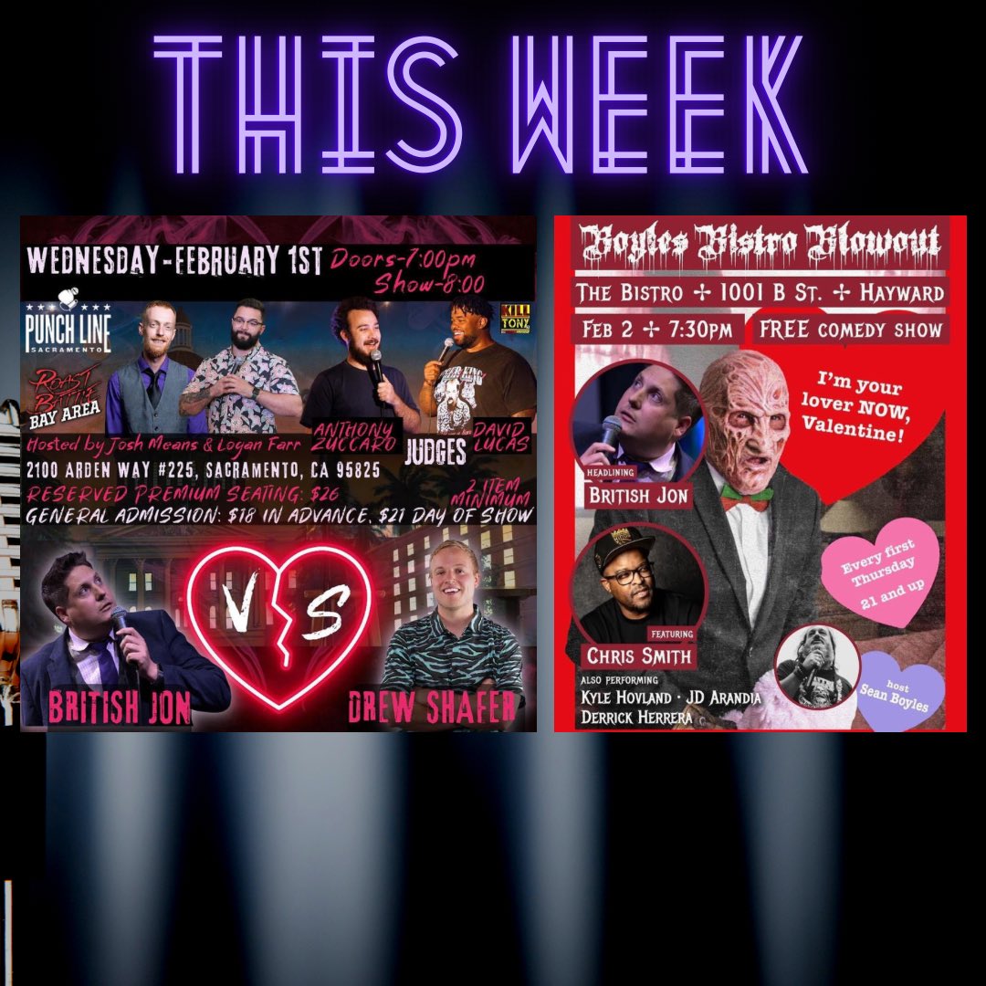 Amazing week ahead Wednesday, <a href="/RoastBattle/">Roast Battle</a> at <a href="/PunchLineSac/">Punch Line Sacramento</a> with <a href="/jmeanz/">Josh Means</a> &amp; <a href="/funnydavidlucas/">David Lucas</a> then headlining at The Bistro, Hayward on Thursday. Links and details in bio