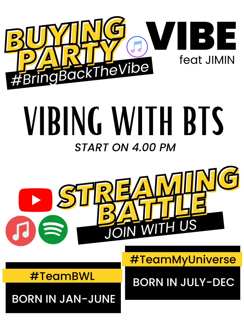 BUYING PARTY & STREAMING BATTLE START🎉

Buy vibe on itunes, if you need fund boleh reply below yaa, we will dm u :) LETS MAKE IT #1 ON INDONESIAN ITUNES. #BringBackTheVibe

CHOOSE YOUR TEAM TO BE IN BASED ON YOUR BIRTH MONTH! Are you #TeamBWL or #TeamMyUniverse?

VIBING WITH BTS