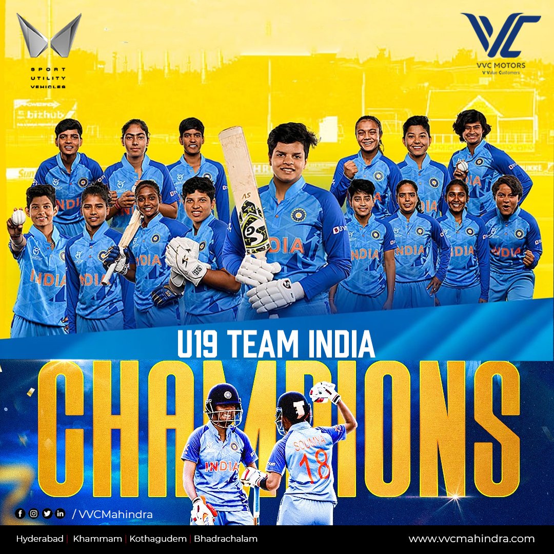 vvc_mahindra's tweet photo. Congratulations to the first ever champions of the Women's #U19T20WorldCup! 🏆
#CongratulationsTeamIndia #U19WorldCup #U19CWC #champions #TeamIndia #IndianCricketTeam #U19CWCChampions #Cricket #womenpower #VvcMahindra #VvcGroup https://t.co/eWOMv7sgZK