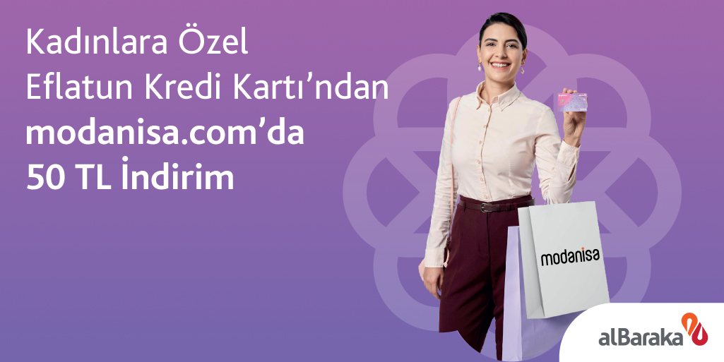 Kadınlara özel Eflatun Bankacılık’ın birbirinden avantajlı kampanyaları sizleri bekliyor. Eflatun Kredi Kartı'nızla modanisa.com’da yapacağınız 250 TL ve üzeri alışverişinize 50 TL indirim kazanabilirsiniz. 💜 Detaylı bilgi: albrk.info/nqRmy #EflatunKart