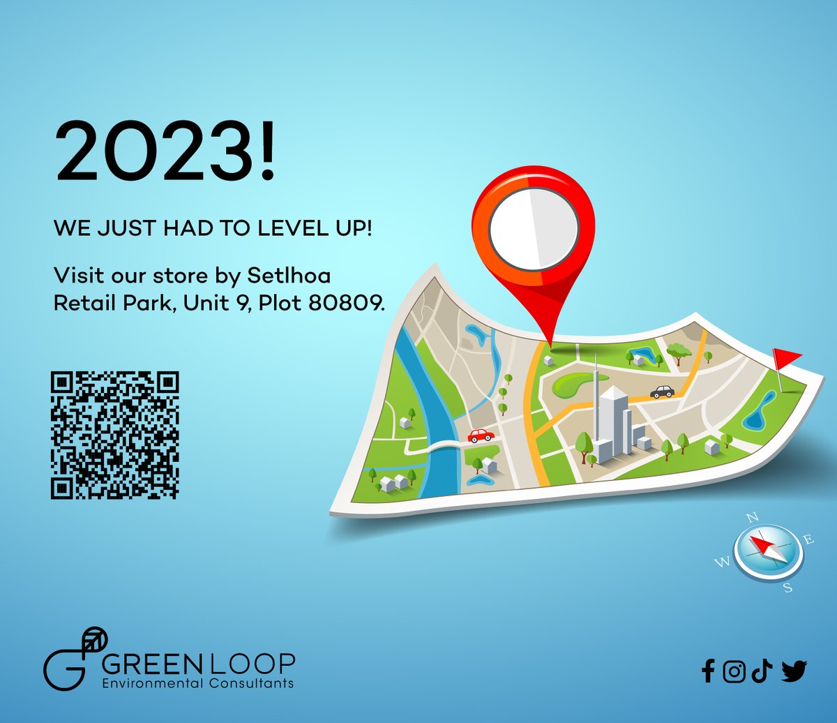 GreenLoopBW's tweet photo. New year, new levels! Our office is now located in Setlhoa Retail Park, Unit 9. Scan the QR code for directions or contact us on (+267) 74 983 896.
#greenloopbw #goinggreen #office #ecofriendly #ecopackaging #botswana #newyear #helloworld #qrcode #bw #intheloop #packaging https://t.co/T1HSNshqmj