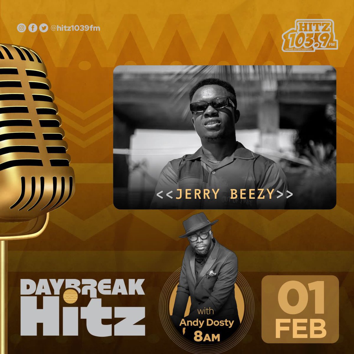 JerryBeezy786's tweet photo. Catch me live on Hitz Fm 103.9 Day Break with the man himself Andy Dosty on the 1st of February 2k23 exactly 8am

#Jerry Beezy #ORGUNIVERSE #ADACHERECORDS 
#UNIVERSE LETS SHARE 🙏🏿🙏🏿🙏🏿 https://t.co/7ZlenWk77Q