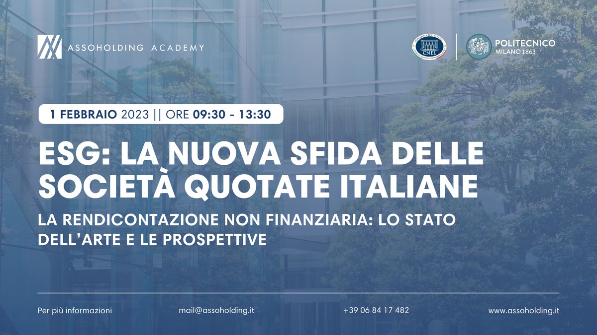 📌 Il  CNEL, mercoledì 1° febbraio in collaborazione con il Politecnico di Milano, organizza nella Sala del Parlamentino di Villa Lubin il convegno: "𝐄𝐬𝐠: 𝐥𝐚 𝐧𝐮𝐨𝐯𝐚 𝐬𝐟𝐢𝐝𝐚 𝐝𝐞𝐥𝐥𝐞 𝐬𝐨𝐜𝐢𝐞𝐭𝐚̀ 𝐪𝐮𝐨𝐭𝐚𝐭𝐞 𝐢𝐭𝐚𝐥𝐢𝐚𝐧𝐞".

#publicaffairs #communications