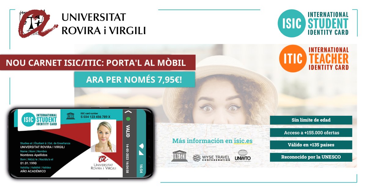 🎓 Encara no tens el carnet d’estudiant/staff #internacional reconegut mundialment?
🤩 Amb el carnet ISIC/ITIC podràs gaudir de més de 155.000 ofertes en més de 135 països! <a href="/ISICEspana/">ISIC España</a>
Per a més informació i com obtenir-lo, consulta la nostra web ⏩ shorturl.at/fmxVZ