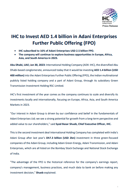 ANI's tweet photo. International Holding Company, thediversified Abu Dhabi-based conglomerate, announces to invest AED 1.4 billion (USD 400 million) into Adani Enterprises Further Public Offering (FPO) &amp; a part of Adani Group, through its subsidiary Green Transmission Investment Holding RSC Limited https://t.co/iWjDufSdkz